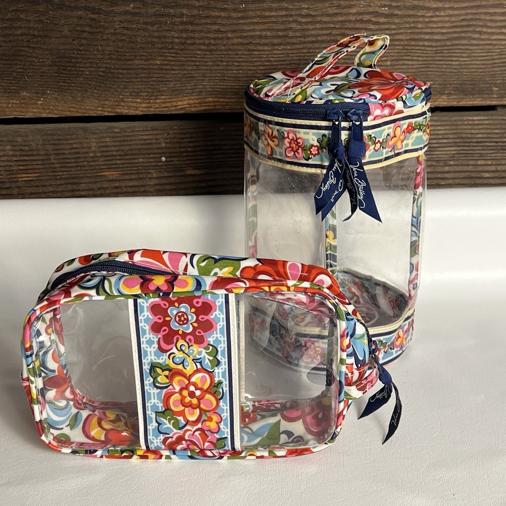 Set of 2 Vera Bradley Clear Cylinder Pouch Lotion Cosmetic Bags Floral Print